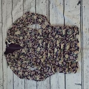 Hyfve Purple Tan Green Floral Print Button Chest Bishop Sleeve Mini Dress L NWOT